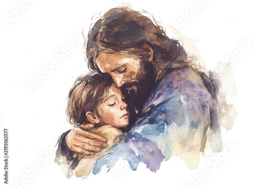 Jesus embracing child showing divine love and spiritual guidance watercolor transparent background painting