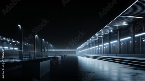 A nighttime soccer stadium, shown as a wide background image.  It's a digital 3D picture for ads.