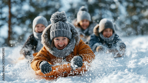 Happy children are playing and sliding in the fresh snow on a winter day in a snow‑covered forest.