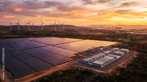 Solar panel farm and wind turbines with BESS energy storage container installation photo, sunset aerial view of hybrid renewable power plant substation and distant city skyline, and green energy.