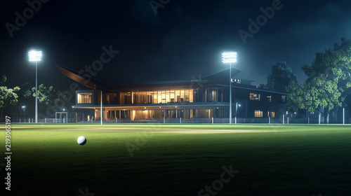 A nighttime view of a cricket field and stadium.  Bright lights illuminate the modern sports building.