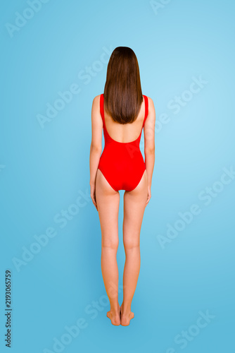 Obraz na plátně Vertical full length size rear behind back view photo portrait of beautiful pret