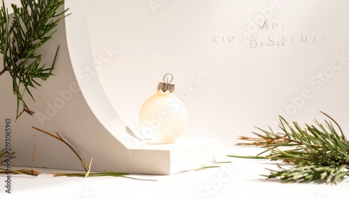 Minimalist holiday ornament near white architectural curve.
