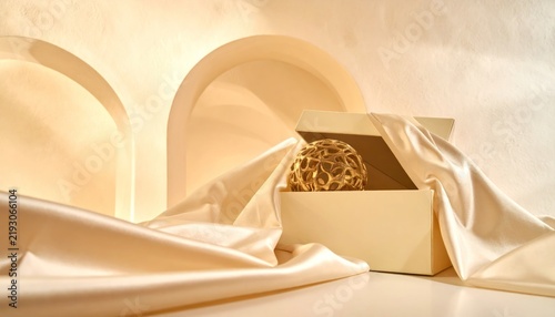 Open gift box with gold ornament and silk drapes.