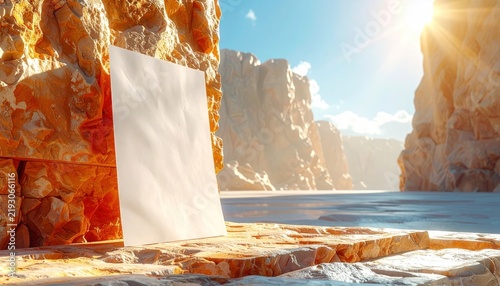 Paper mockup standing on rocks by the sea.