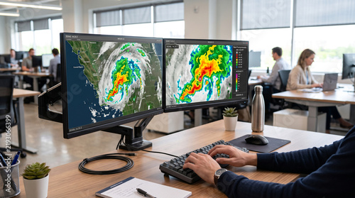 Dual monitors displaying weather radar images of a hurricane, with a person typing in the foreground of a modern office environment
