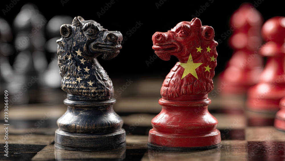 Fototapeta premium Chess knights represent USA and China on a chessboard, political commentary