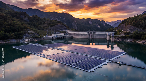 Aerial view of hybrid hydro solar power plant at sunset photo, floating solar panels on dam reservoir water with mountain backdrop and hydroelectric dam, and renewable energy infrastructure graphic.