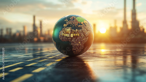 A picture shows a globe of Africa with roads leading to a factory.  It represents manufacturing and transportation on the continent.