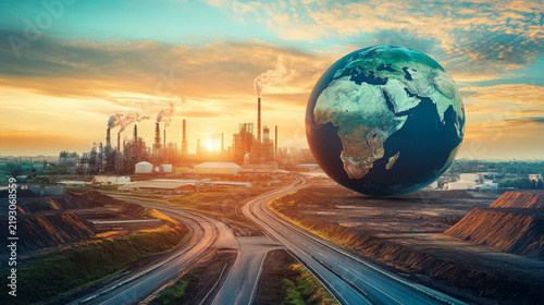 A picture shows a globe of Africa with roads leading to a factory.  It represents manufacturing and transportation on the continent.