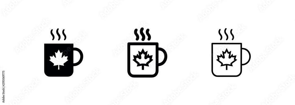 Obraz premium Canadian Hot Drink Icon Set with Maple Leaf Mug and Steaming Coffee