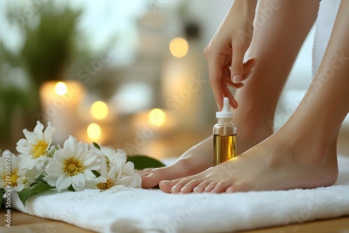 Woman applying essential massage oil to her feet at a spa with white towels and candles