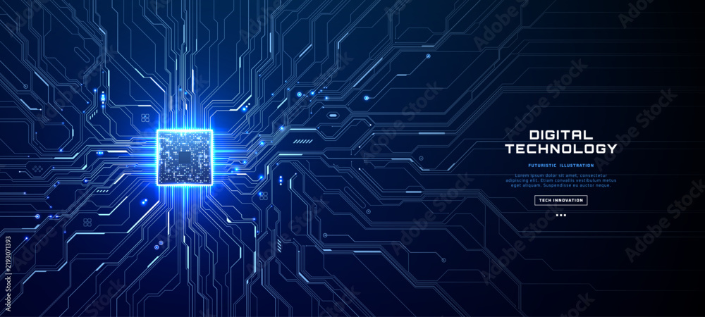 Obraz premium Blue digital wave background with flowing data streams and abstract light patterns, perfect tech template featuring modern AI network visualization with right-side copy space.