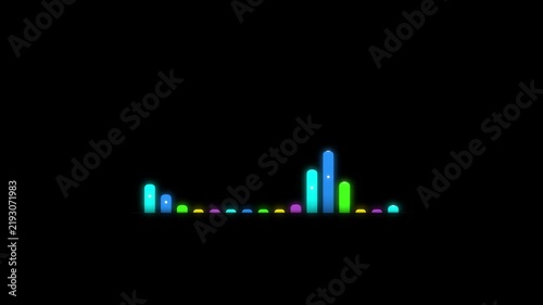 A dynamic neon audio equalizer visualizer loop with glowing colorful bars bouncing to the rhythm against a black background.
