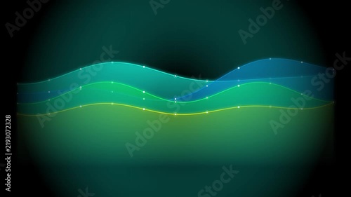 Abstract animated background featuring glowing wave lines in blue, green, and yellow with connected dots moving dynamically across the screen.