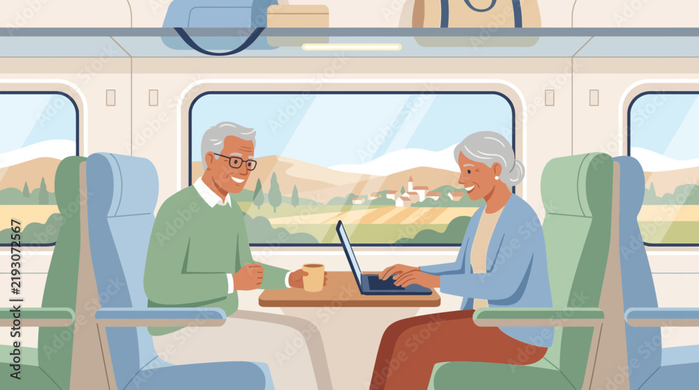 Fototapeta premium Elderly Couple on Train Using Laptop and Drinking Coffee