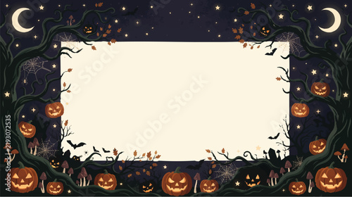 Spooky Halloween forest frame template, landscape horizontal format, twisted tree branches extending inward from the left and right edges, pumpkins, bats, mushrooms, spider webs