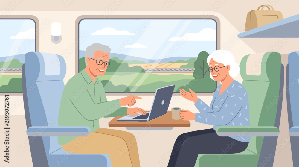Obraz premium Elderly Couple Using Laptop on Train Journey with Scenic View