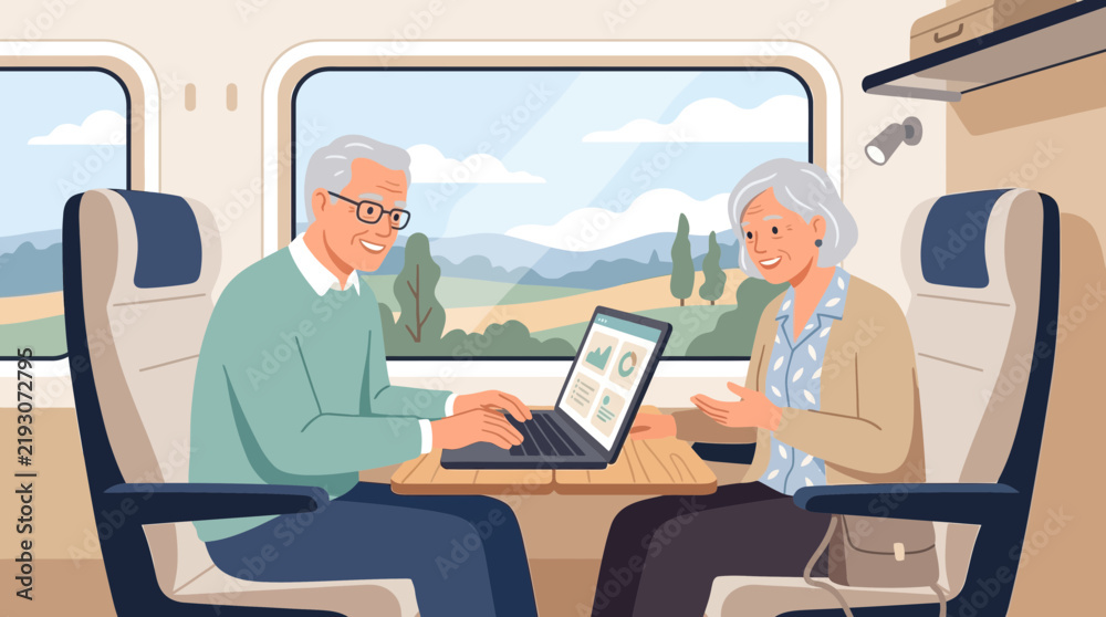 Fototapeta premium Elderly Couple Using Laptop on Train