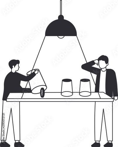 Картината върху платно Shell game deception with two men finding hidden money under cup business tricke