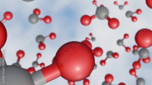 Numerous 3D carbon dioxide (CO2) molecules composed of gray carbon and red oxygen atoms float and drift through a soft sky-blue atmospheric background.