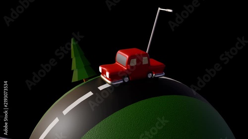 A 3d stylized red cartoon car drives continuously along a curving road wrapping around a tiny rotating green planet against a solid black background.