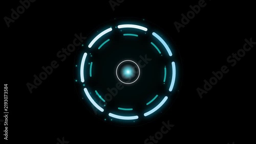 A dynamic glowing blue futuristic HUD circle rotating on a black background, featuring digital interface elements and light particles.