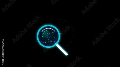 A glowing blue magnifying glass moves across a dark background, scanning and analyzing glowing microscopic particles within a circular interface.