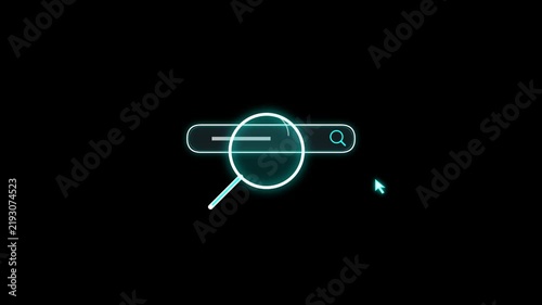 A neon search bar animation featuring a mouse cursor clicking the search icon, expanding and transforming into a magnifying glass symbol against a black background.