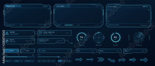 Futuristic vector HUD interface elements display panels gauges buttons and navigation arrows on a dark background