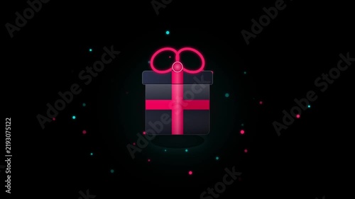 A dark gift box with neon pink ribbons and bow pulses gently against a black background with floating colorful particles.