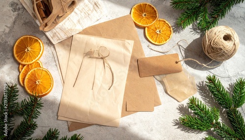 Natural gift packing supplies with paper bags and twine