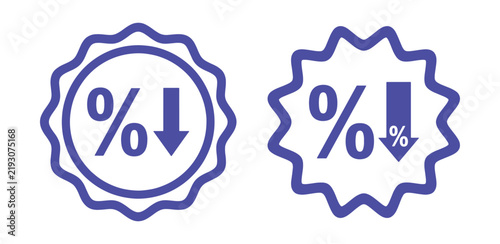 Two purple discount percentage with downward arrows, one circular wavy badge and one starburst badge, isolated on a white background