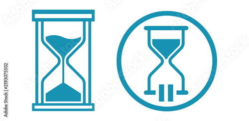 Two teal of hourglasses, one with a pause symbol, representing time management and waiting, on a white background