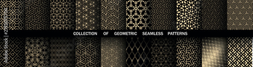 Geometric set of seamless black and golden patterns. Simple vector graphics