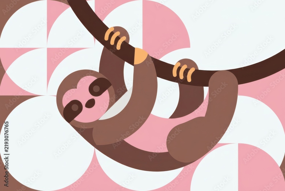 Fototapeta premium Playful sloth hanging on branch in flat pink pattern
