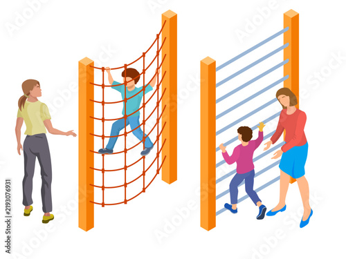 isometric mothers watching children climbing net and ladder