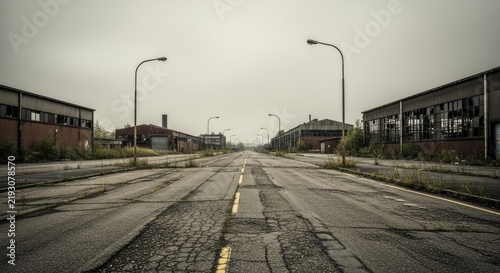 Empty cracked road leading through an abandoned industrial area.