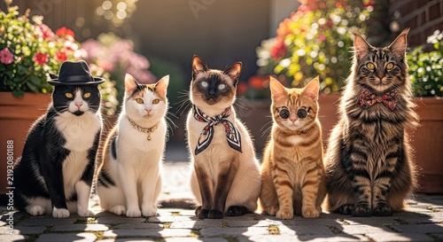 Five diverse cats sitting together in outdoor garden setting.