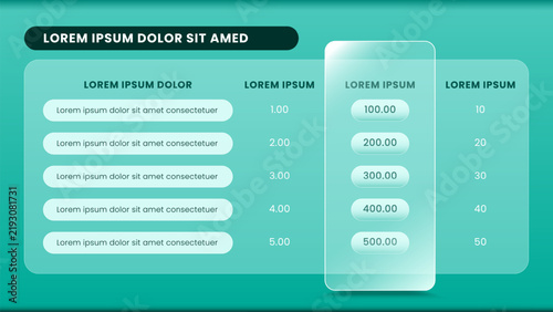 Glass effect data table presentation with translucent panels, structured rows, numeric values