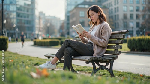 A young woman reading a book while sitting on a park bench in a vibrant urban city environment.