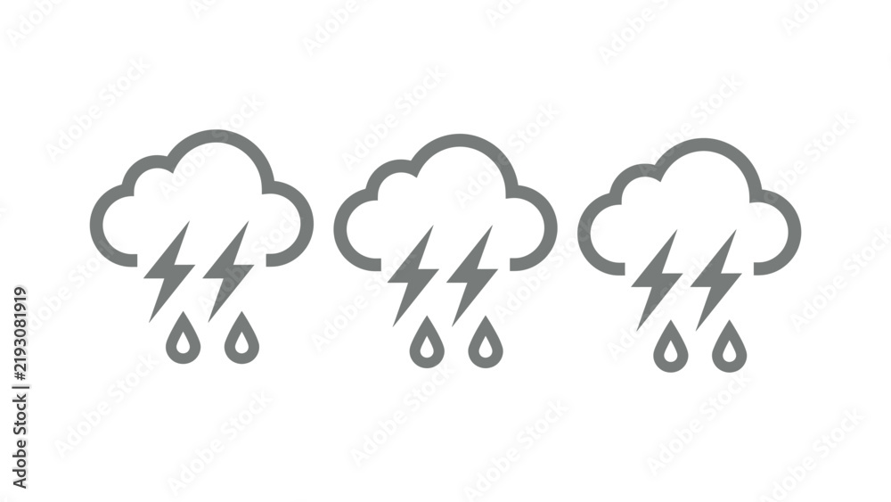 Obraz premium Storm cloud weather vector illustration featuring repeating lightning bolts and raindrops in flat minimalist gray design