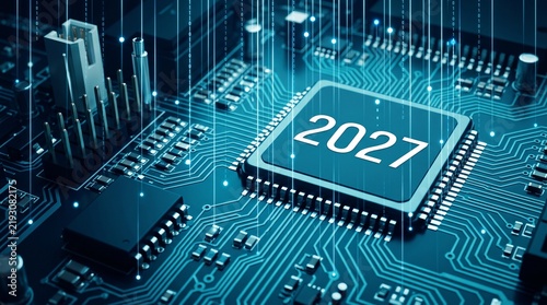 Plakat Microprocessor chip with 2027 text on blue circuit board background