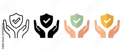 Insurance protection icon set with hands holding shield, security and safety symbols in flat and line styles, 4 vector elements for business and finance