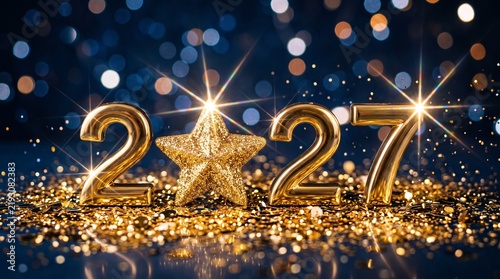 Happy New Year 2027 Celebration Background with Golden Numbers and Star