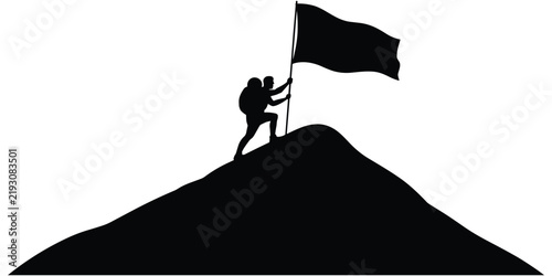 Black silhouette of a hiker with a backpack climbing to the of a mountain peak and holding a flag, isolated on a white background, concept of success and achievement