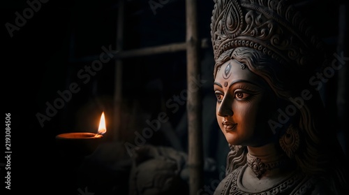 Goddess durga idol illuminated by a glowing diya lamp in a dark workshop