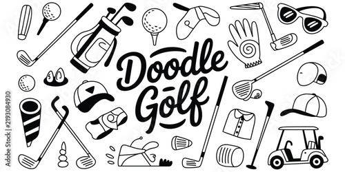 Hand drawn doodle set of golf equipment featuring clubs, balls, bags, carts, caps, and gloves in a black and white style on a white background, for sports themes