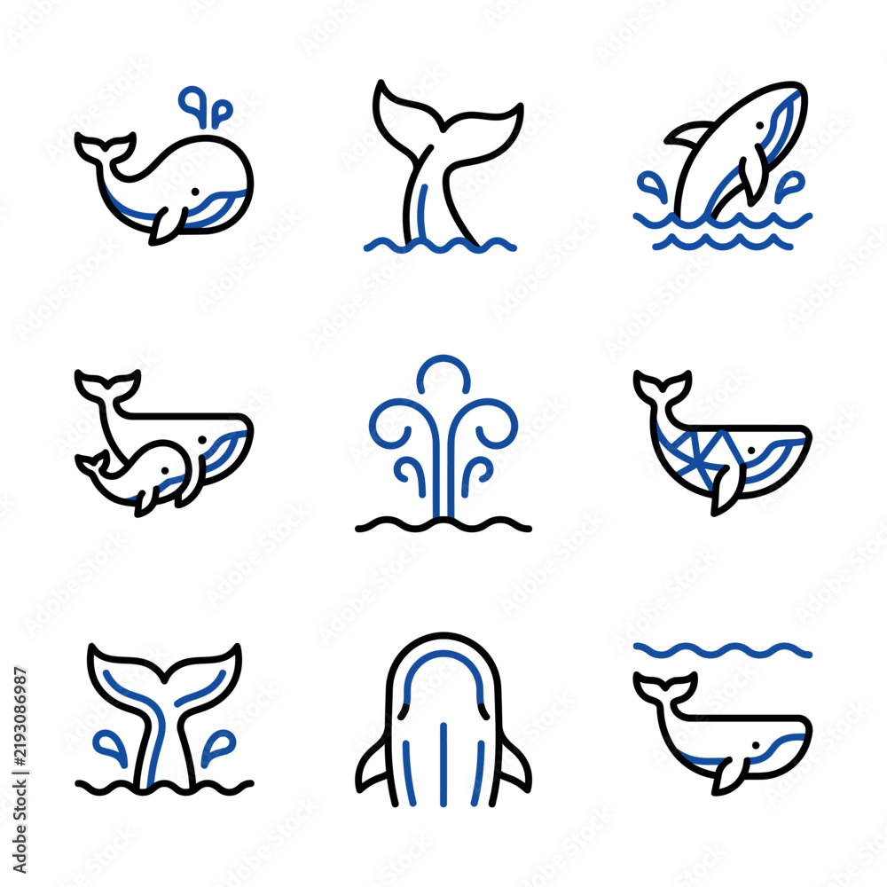 Fototapeta premium Blue Whale Icon Set, Minimalist Line Art, Marine Life Illustration, Nautical Design Elements