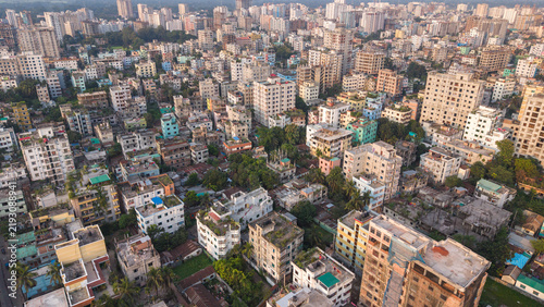 Cuadro en lienzo Aerial view of a densely populated urban residential area with many multistory a